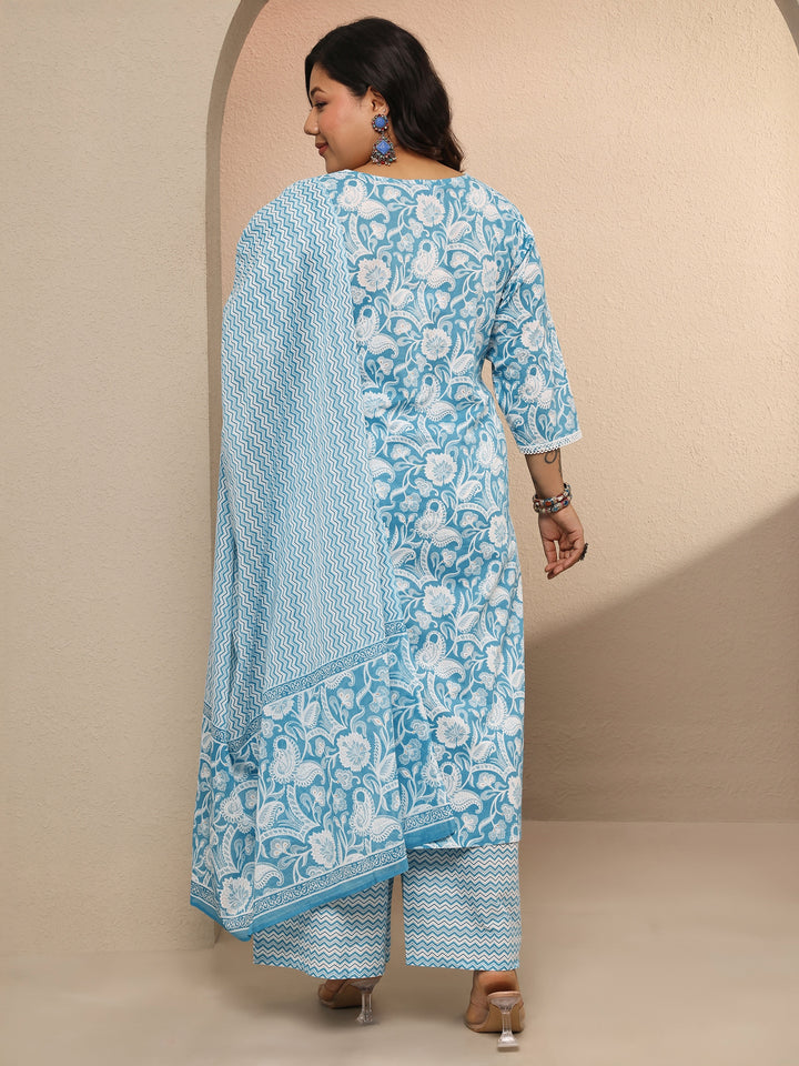 Plus Size Blue Printed Cotton Straight Suit Set With Dupatta