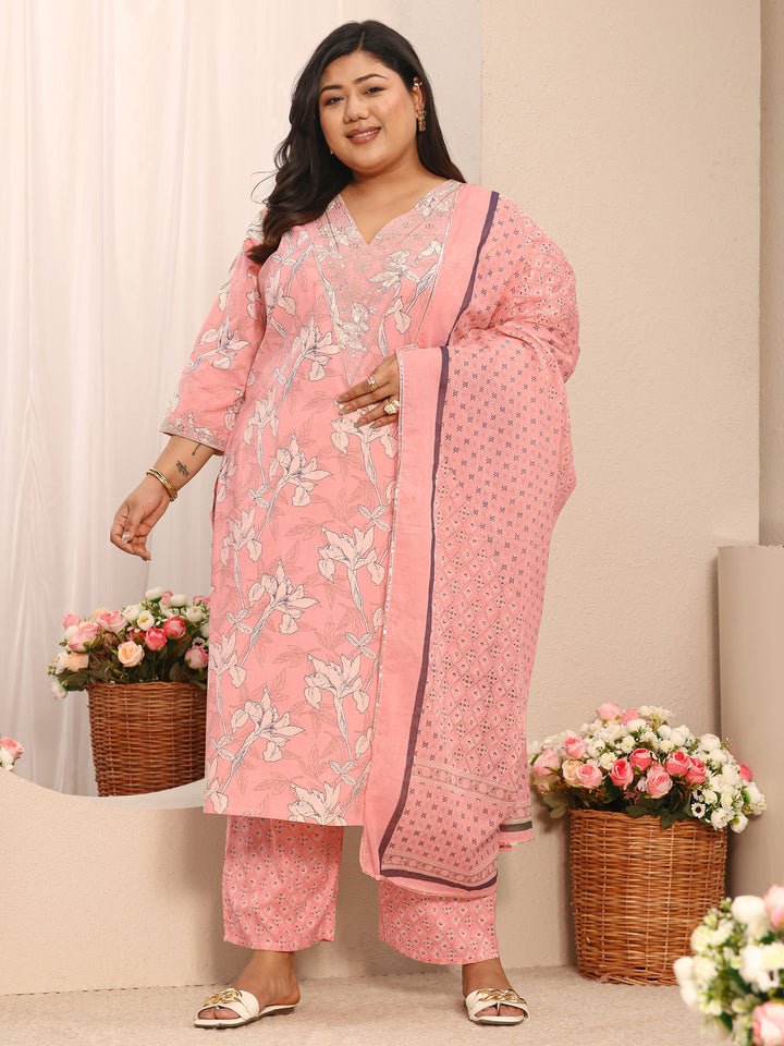 Plus Size Peach Printed Cotton Suit Set With Dupatta