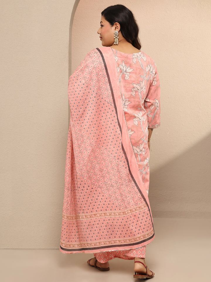 Plus Size Peach Printed Cotton Suit Set With Dupatta