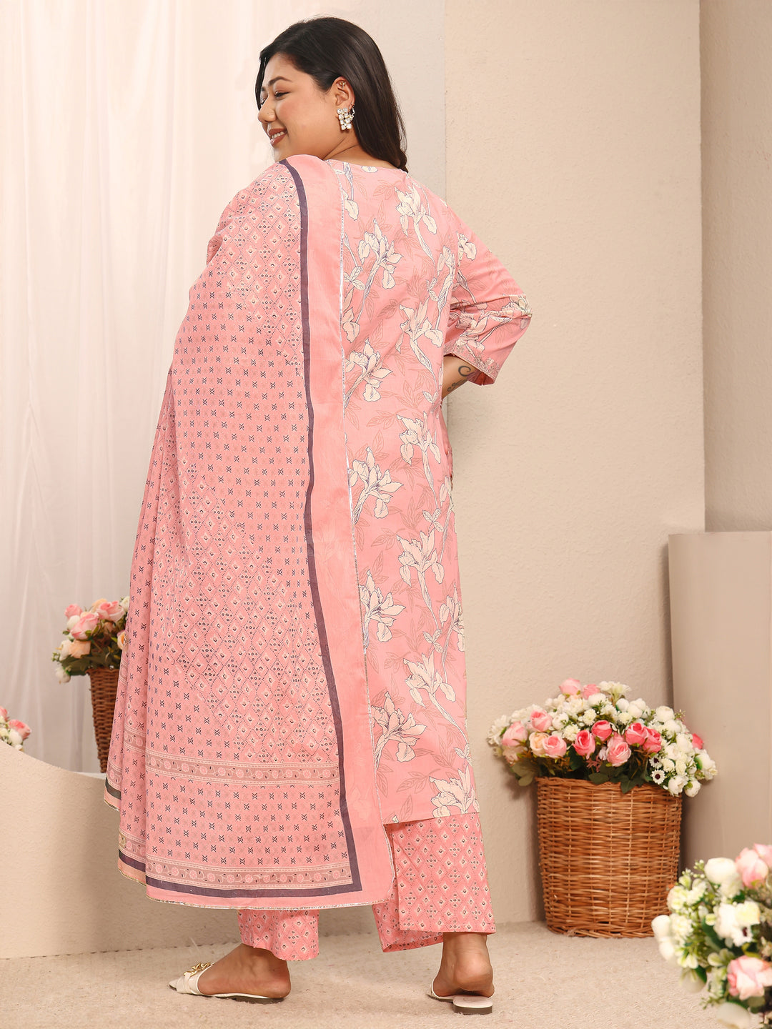 Plus Size Peach Printed Cotton Suit Set With Dupatta