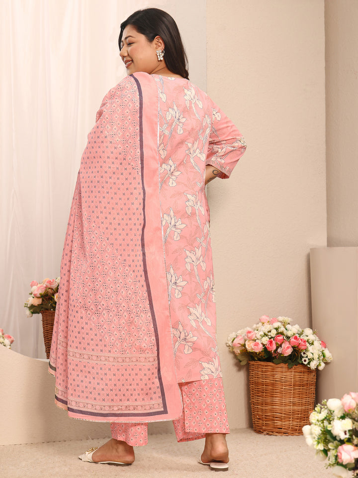Plus Size Peach Printed Cotton Suit Set With Dupatta