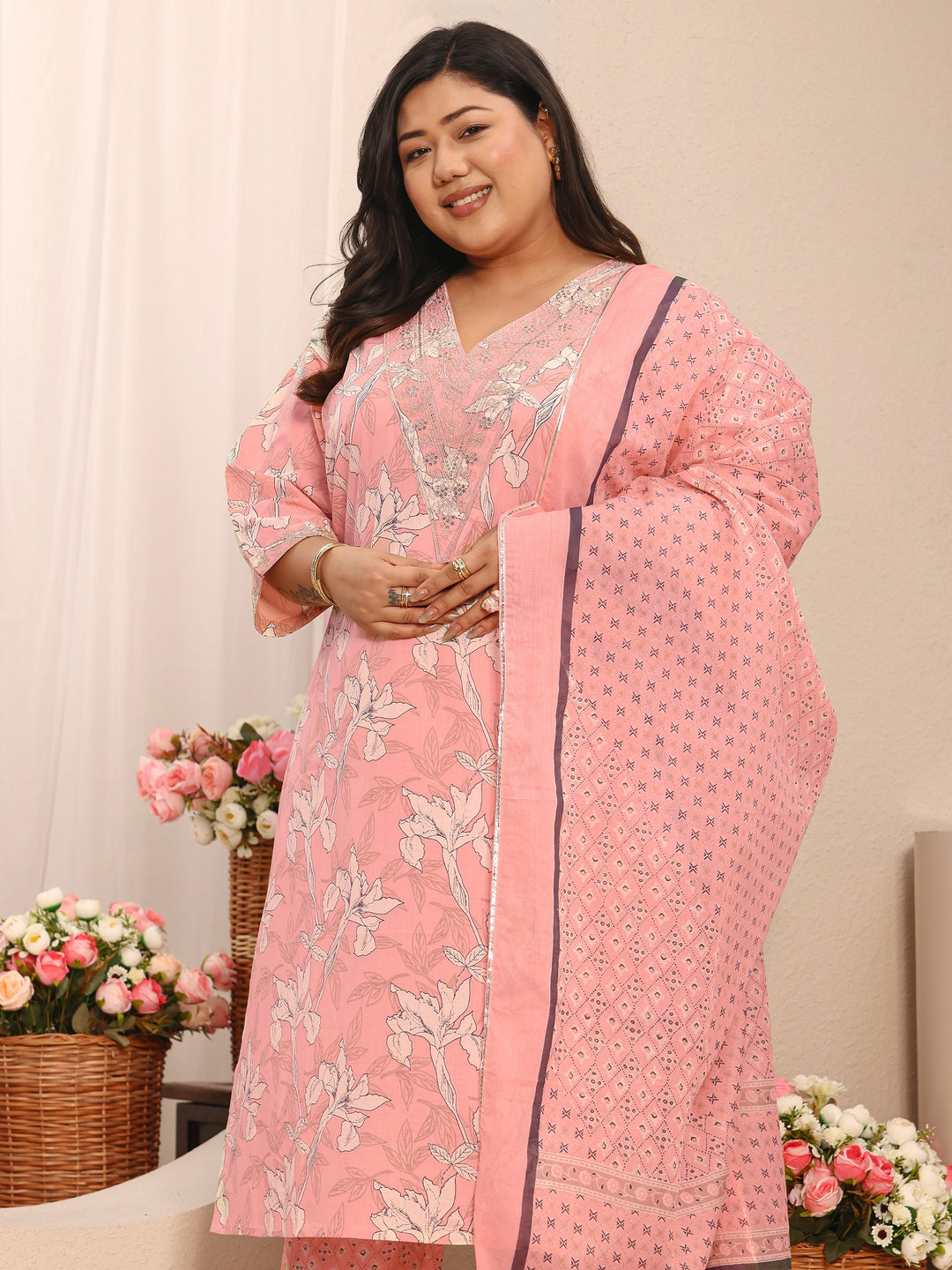 Plus Size Peach Printed Cotton Suit Set With Dupatta