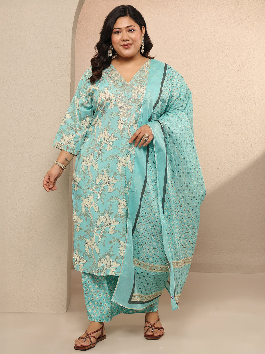Plus Size Blue Printed Cotton Suit Set With Dupatta