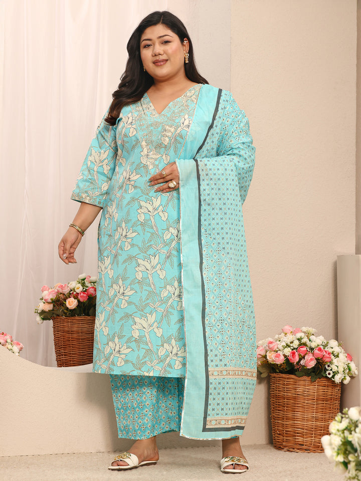 Plus Size Blue Printed Cotton Suit Set With Dupatta