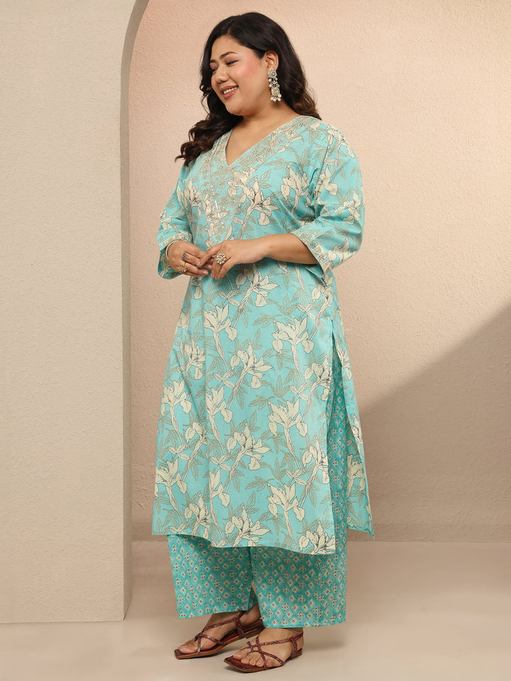 Plus Size Blue Printed Cotton Suit Set With Dupatta