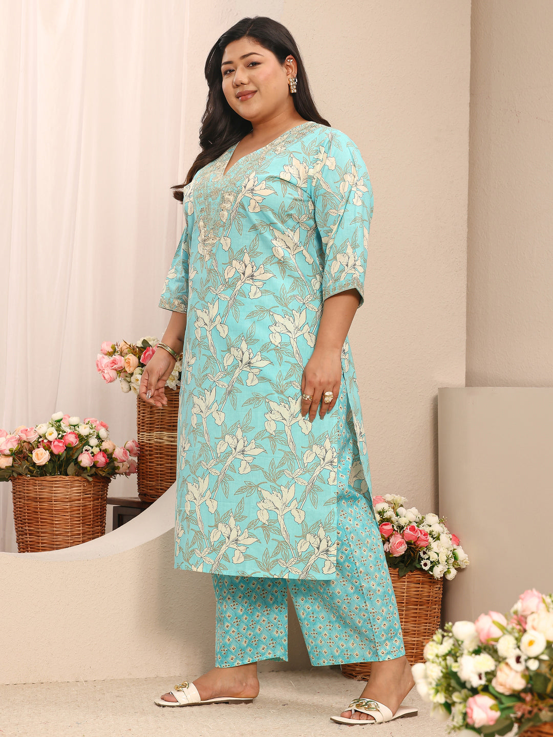 Plus Size Blue Printed Cotton Suit Set With Dupatta