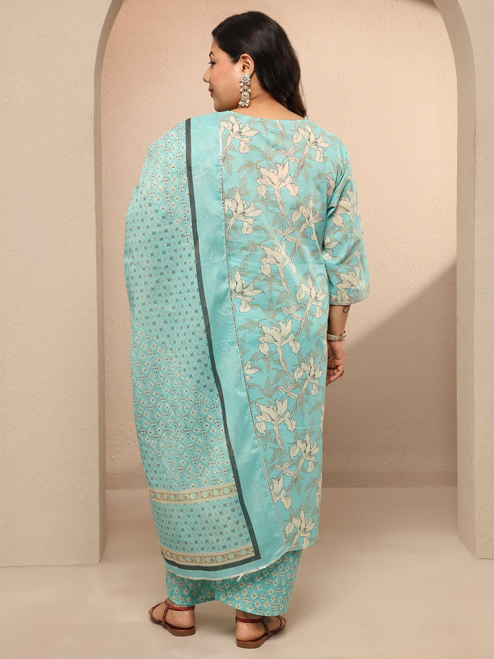 Plus Size Blue Printed Cotton Suit Set With Dupatta