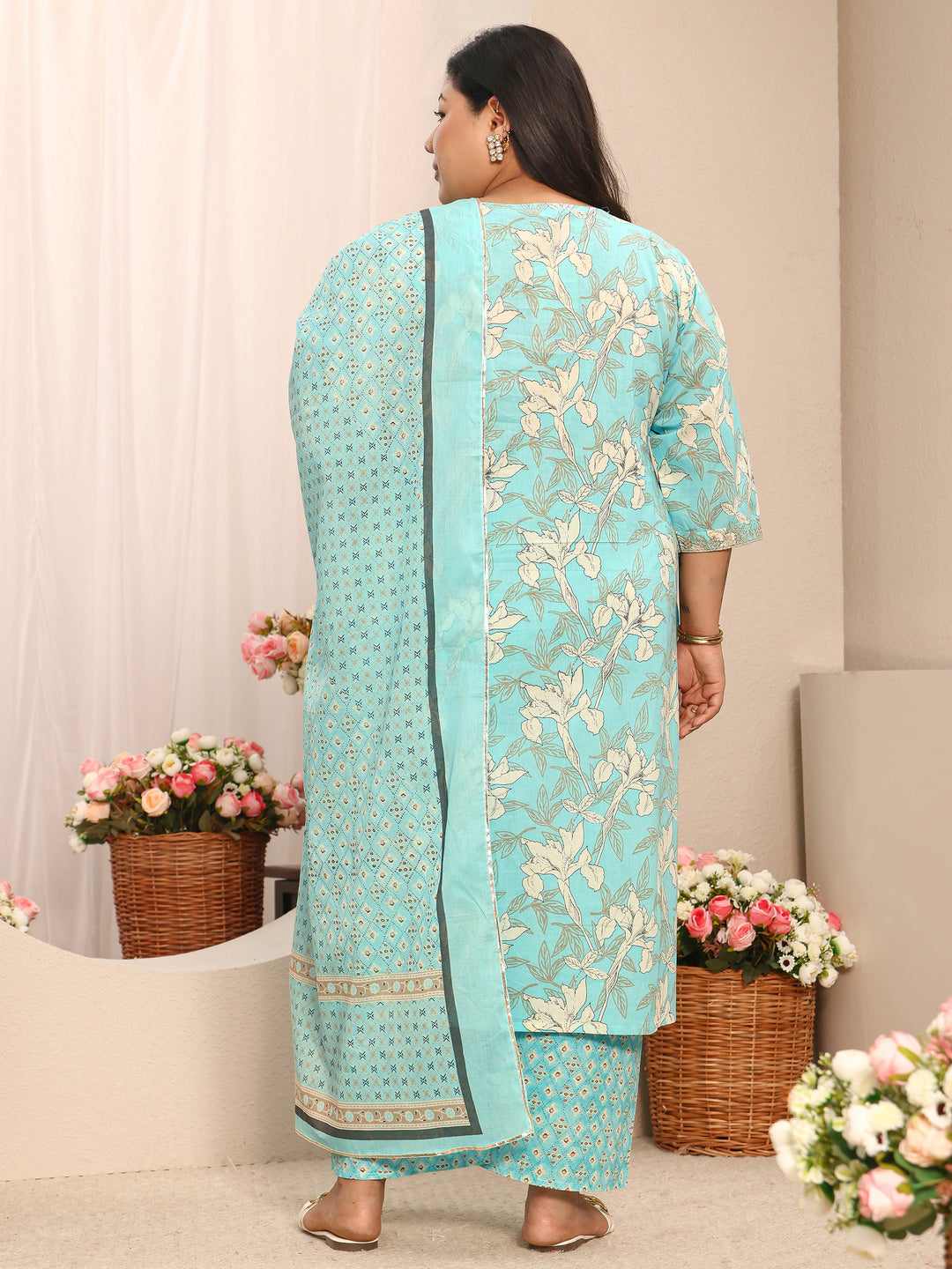 Plus Size Blue Printed Cotton Suit Set With Dupatta