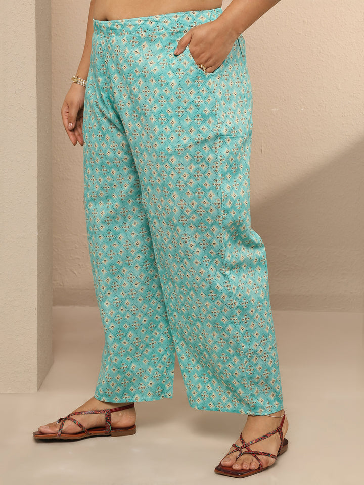 Plus Size Blue Printed Cotton Suit Set With Dupatta