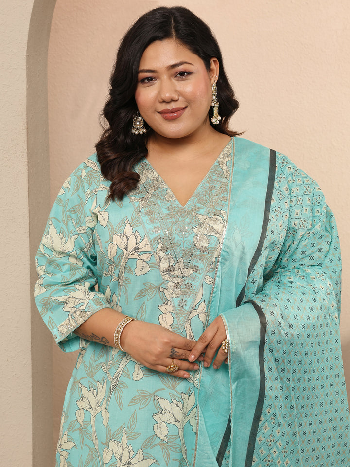 Plus Size Blue Printed Cotton Suit Set With Dupatta