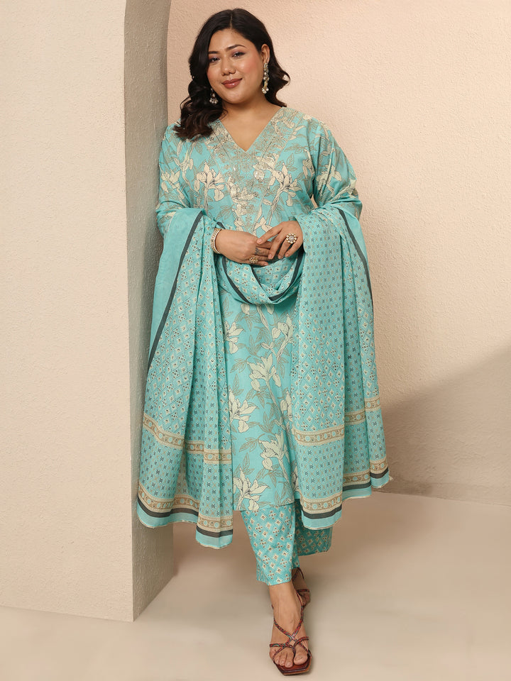 Plus Size Blue Printed Cotton Suit Set With Dupatta