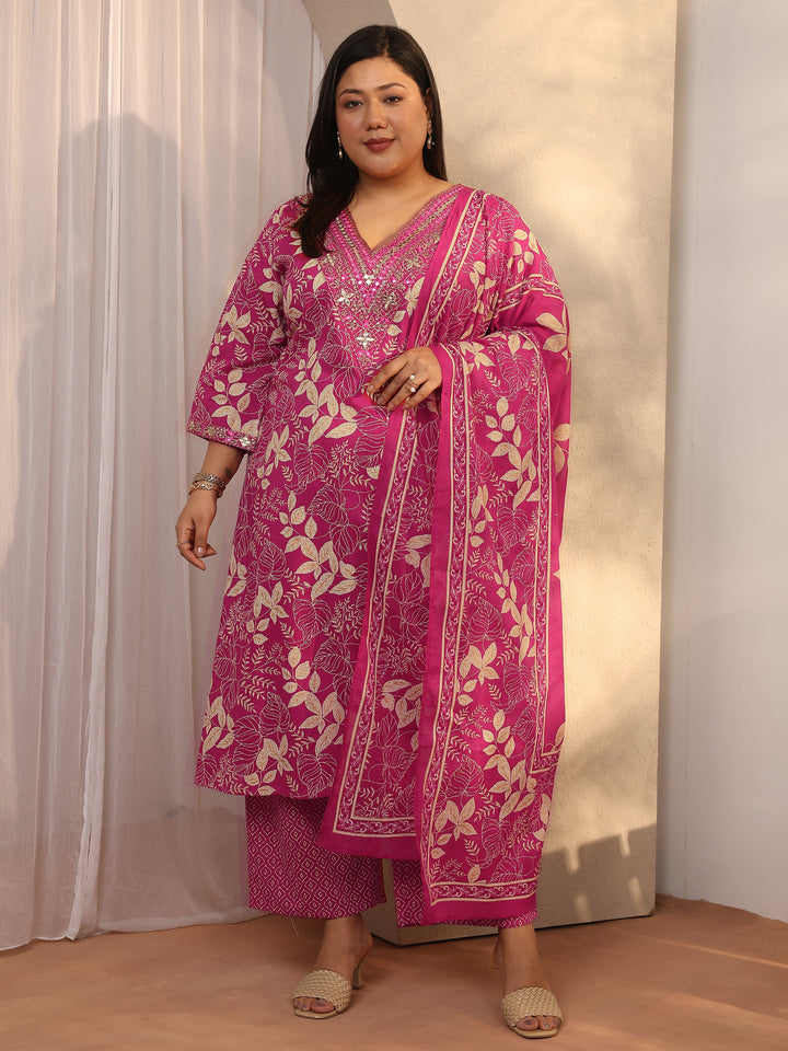 Plus Size Pink Printed Cotton Straight Suit Set With Dupatta