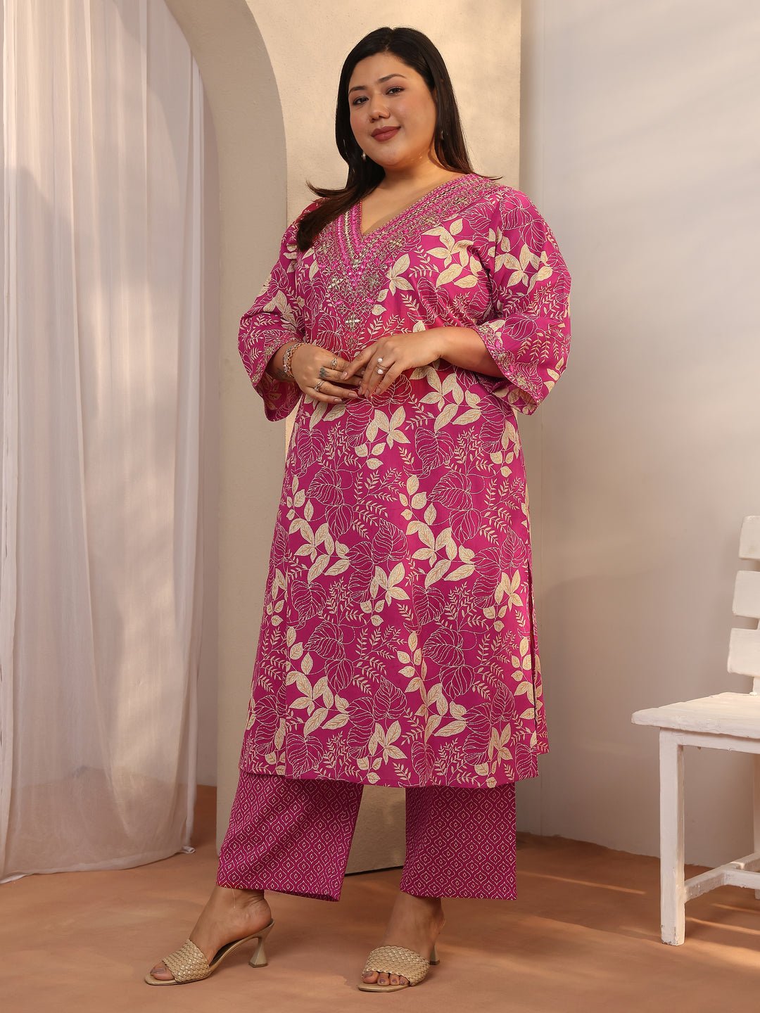 Plus Size Pink Printed Cotton Straight Suit Set With Dupatta
