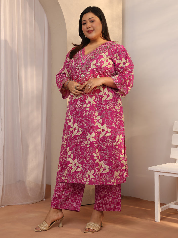 Plus Size Pink Printed Cotton Straight Suit Set With Dupatta