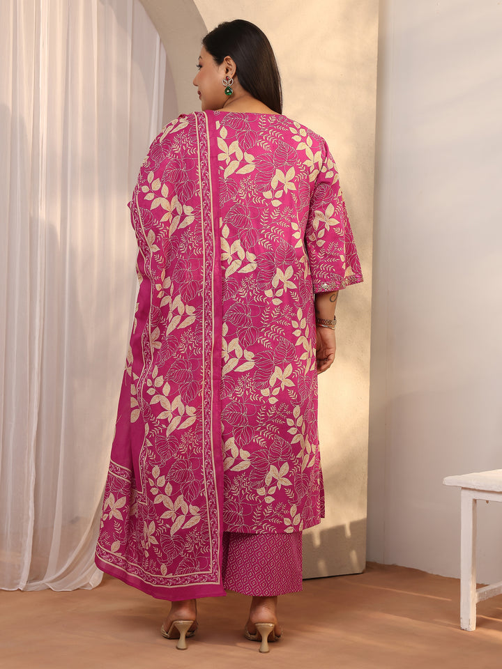 Plus Size Pink Printed Cotton Straight Suit Set With Dupatta
