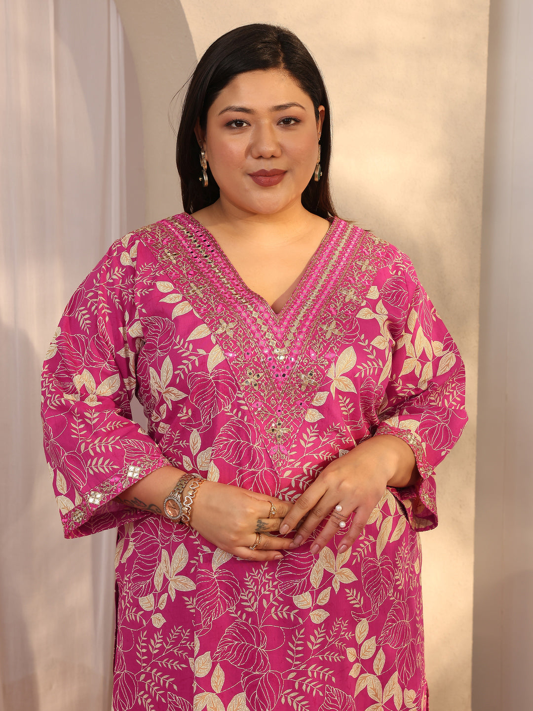 Plus Size Pink Printed Cotton Straight Suit Set With Dupatta