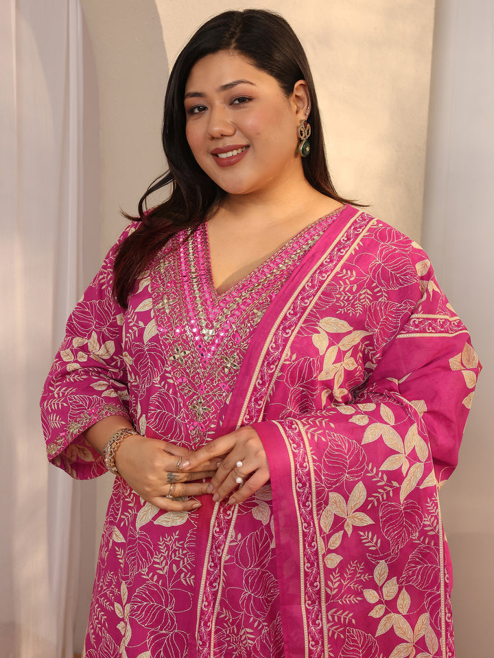 Plus Size Pink Printed Cotton Straight Suit Set With Dupatta