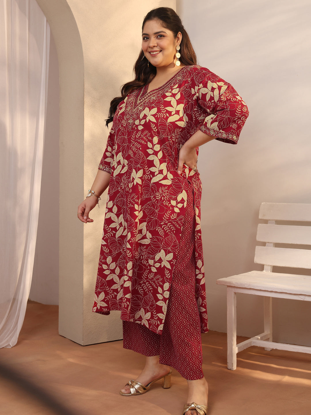 Plus Size Red Printed Cotton Straight Suit Set With Dupatta
