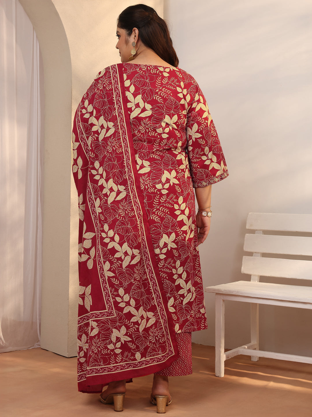 Plus Size Red Printed Cotton Straight Suit Set With Dupatta
