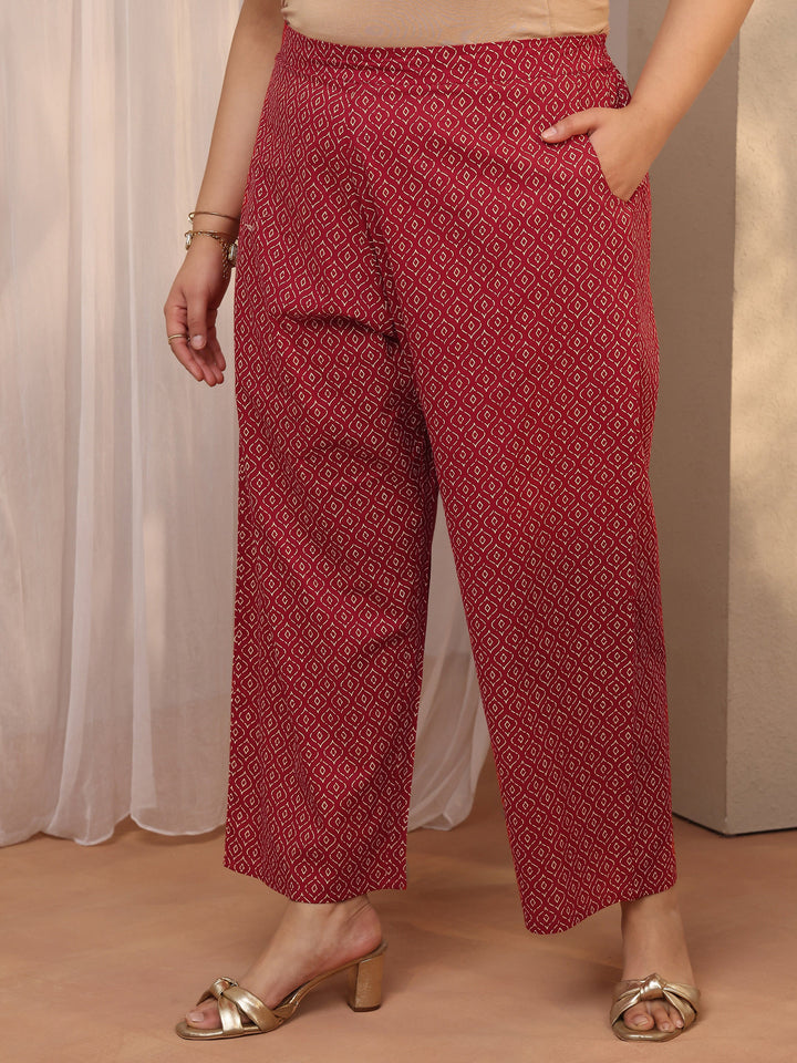 Plus Size Red Printed Cotton Straight Suit Set With Dupatta