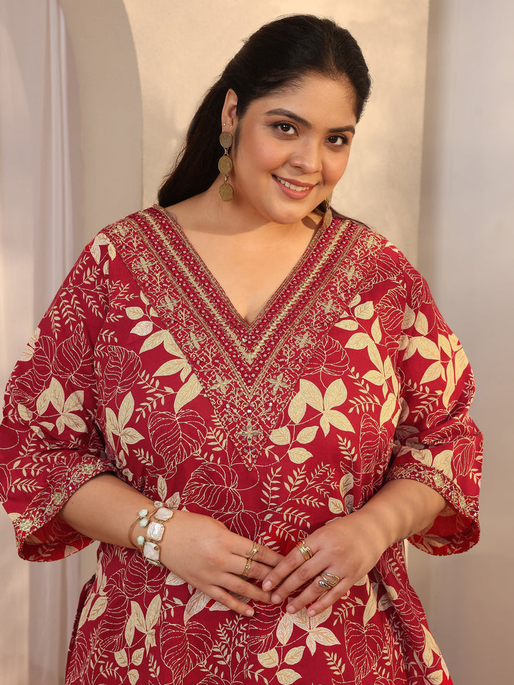Plus Size Red Printed Cotton Straight Suit Set With Dupatta