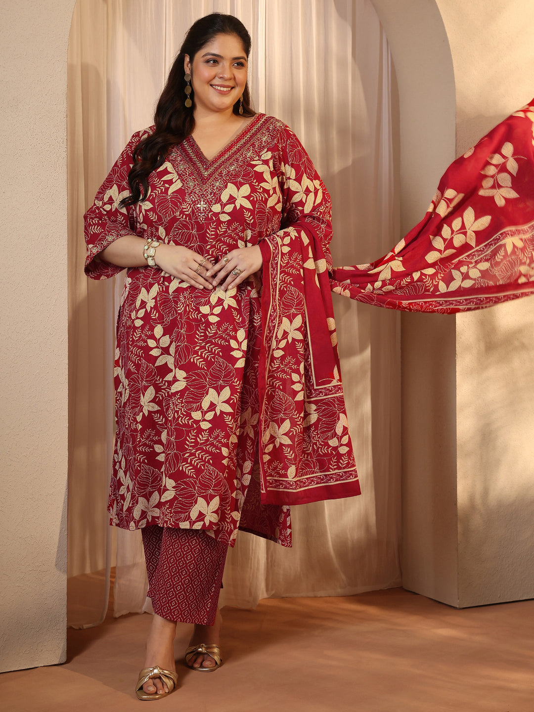 Plus Size Red Printed Cotton Straight Suit Set With Dupatta