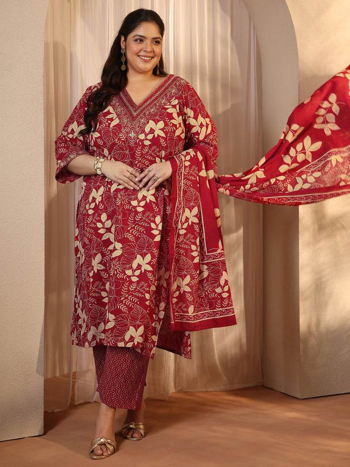 Plus Size Red Printed Cotton Straight Suit Set With Dupatta