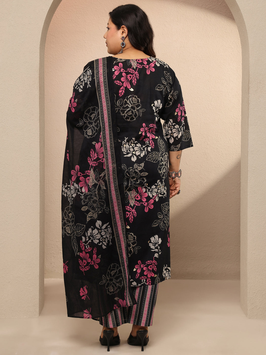 Plus Size Black Printed Cotton Straight Suit Set With Dupatta