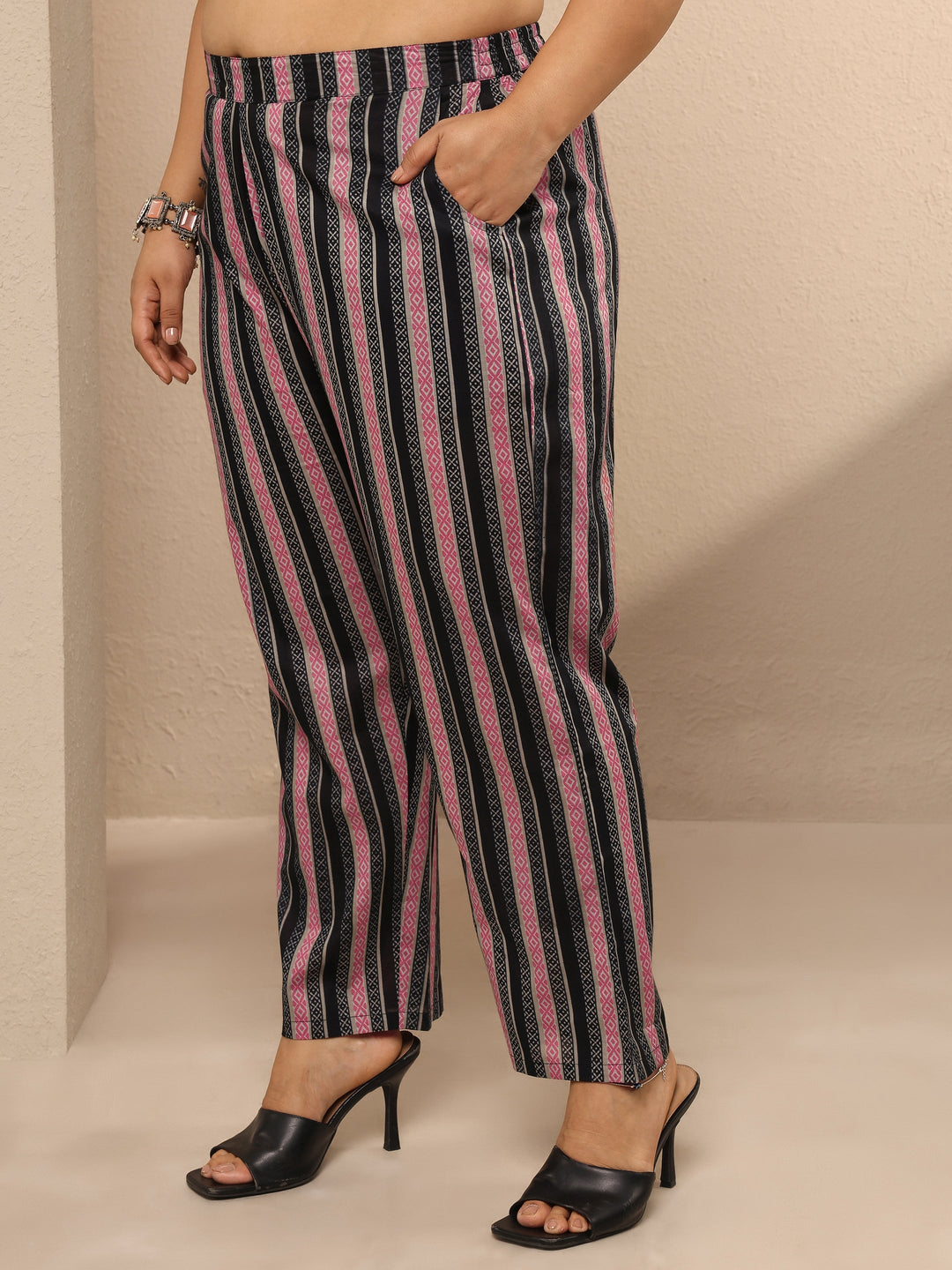 Plus Size Black Printed Cotton Straight Suit Set With Dupatta