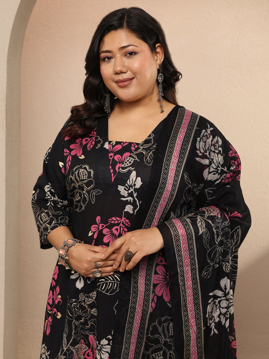 Plus Size Black Printed Cotton Straight Suit Set With Dupatta