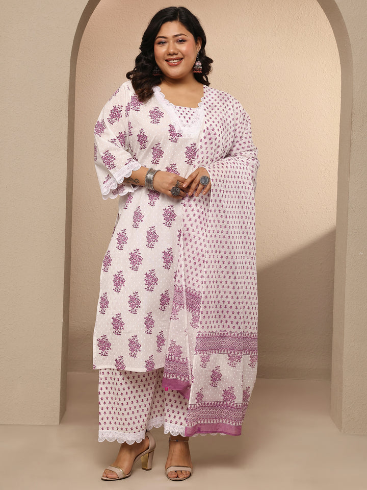 Plus Size Off white Printed Cotton Suit Set With Dupatta