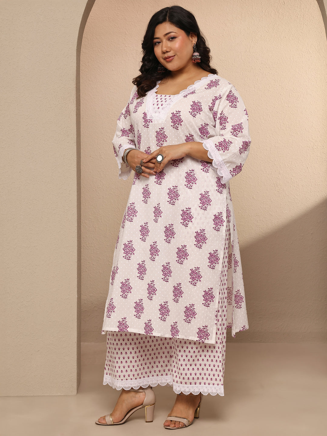 Plus Size Off white Printed Cotton Suit Set With Dupatta