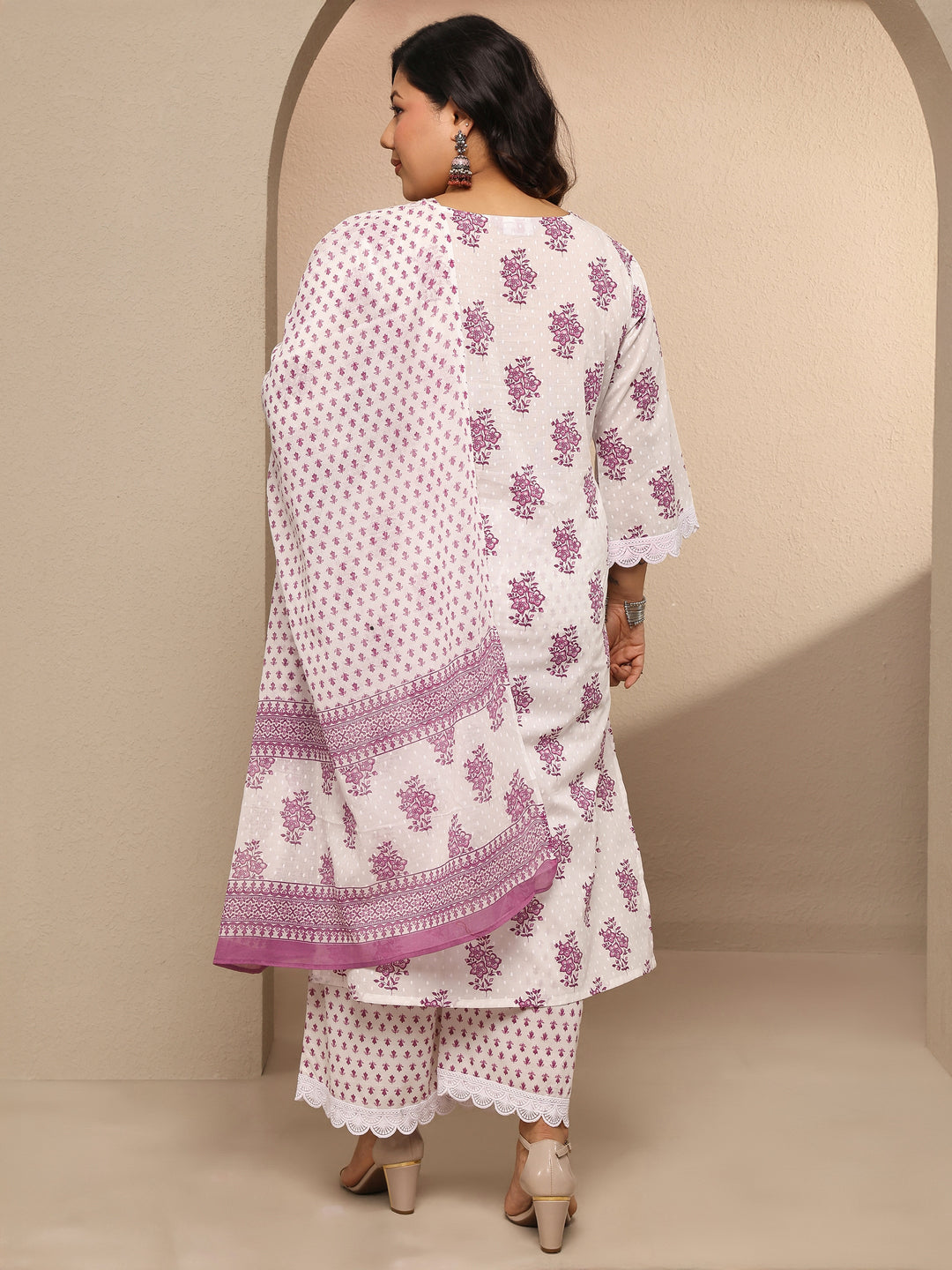 Plus Size Off white Printed Cotton Suit Set With Dupatta