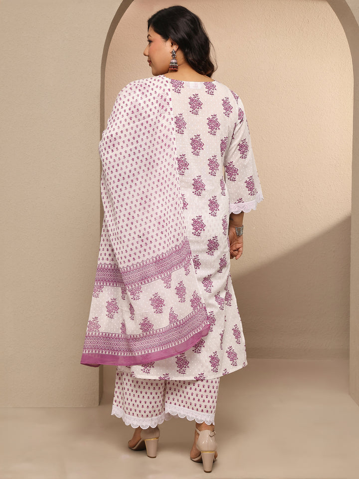 Plus Size Off white Printed Cotton Suit Set With Dupatta