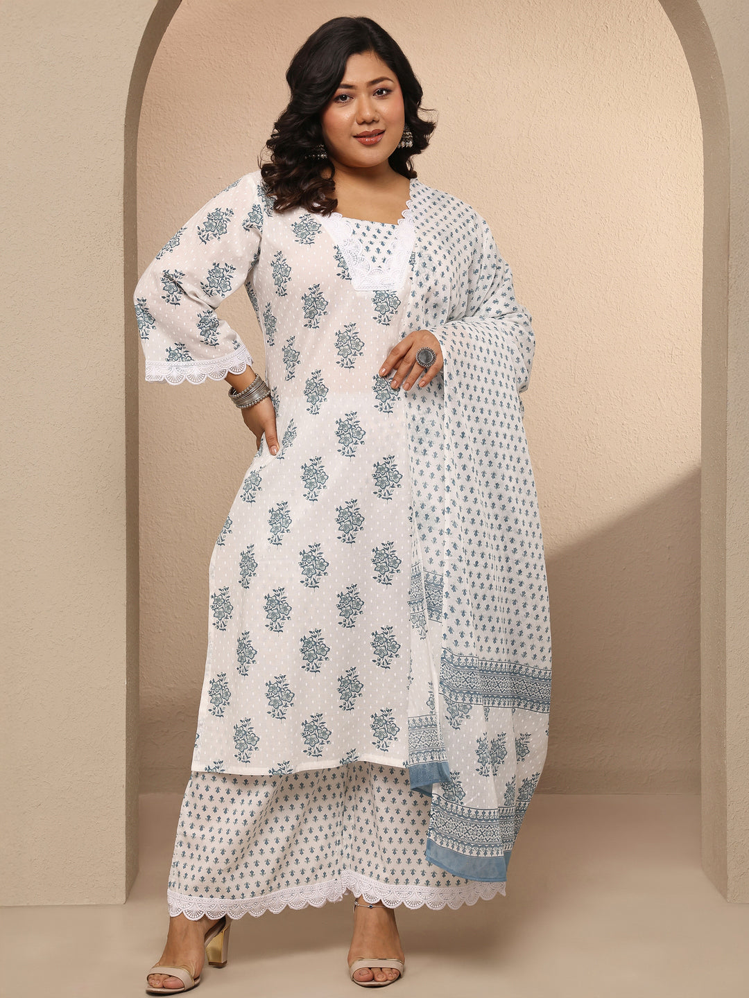 Plus Size Off White Printed Cotton Suit Set With Dupatta