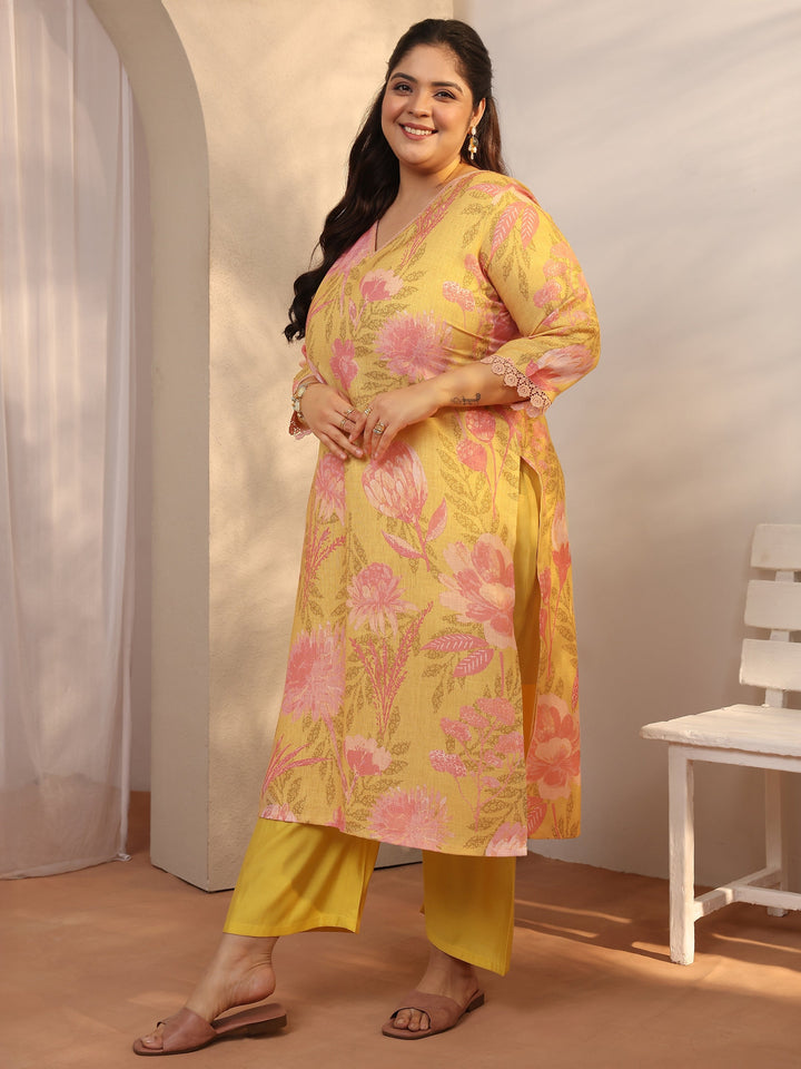 Plus Size Mustard Printed Linen Straight Suit Set With Dupatta