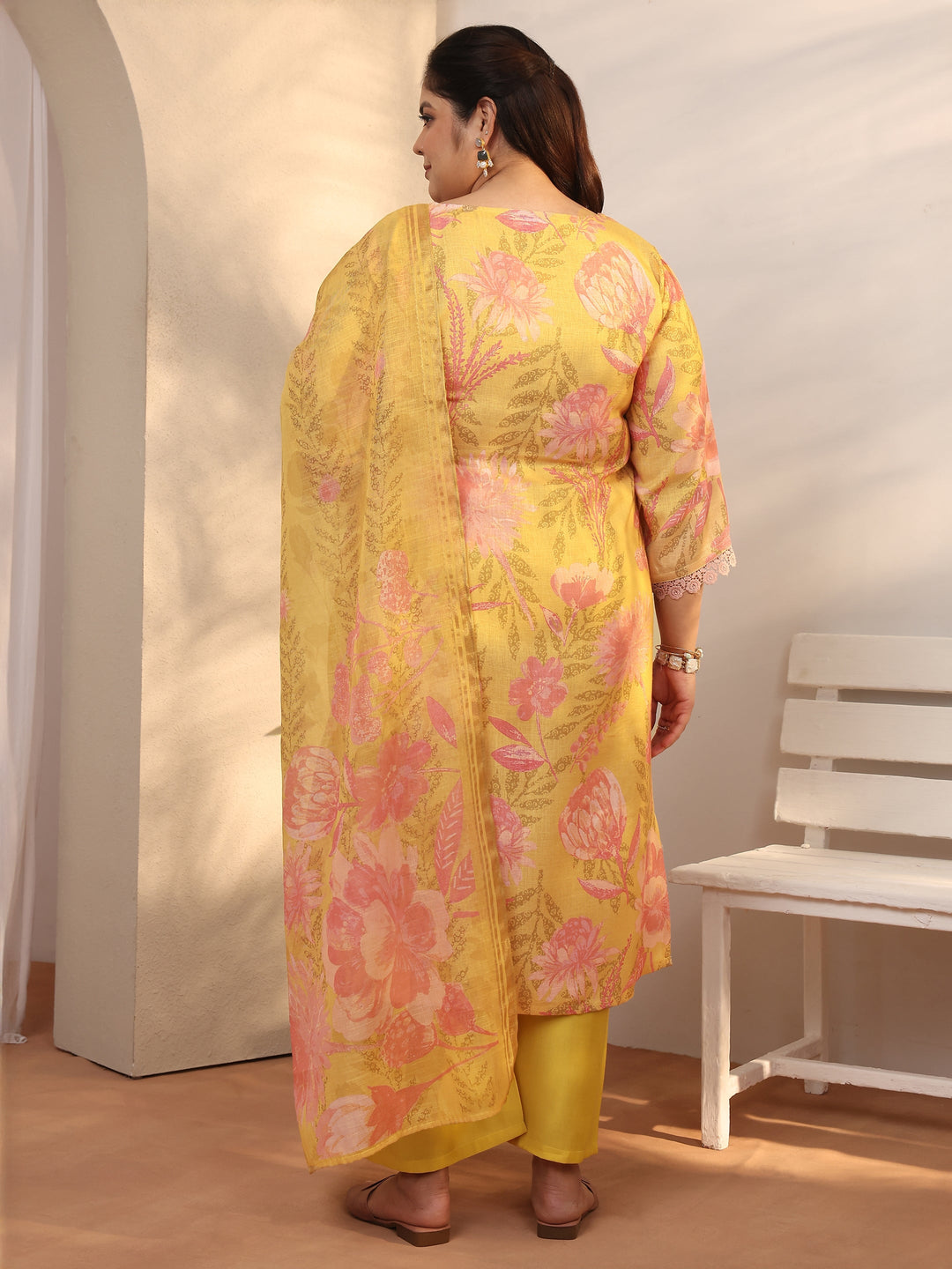 Plus Size Mustard Printed Linen Straight Suit Set With Dupatta