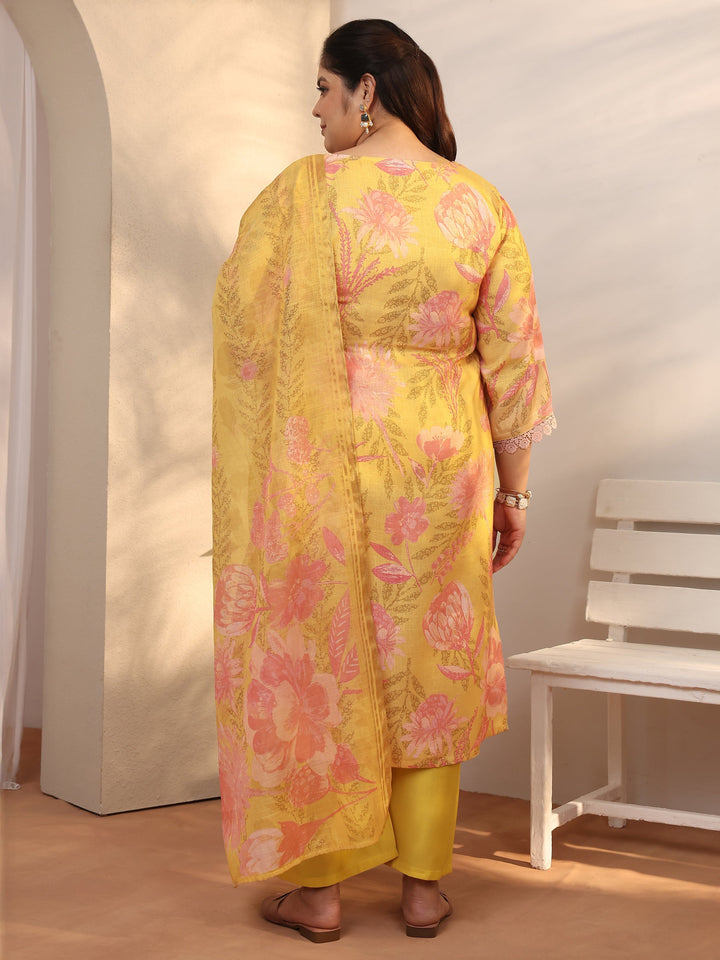 Plus Size Mustard Printed Linen Straight Suit Set With Dupatta