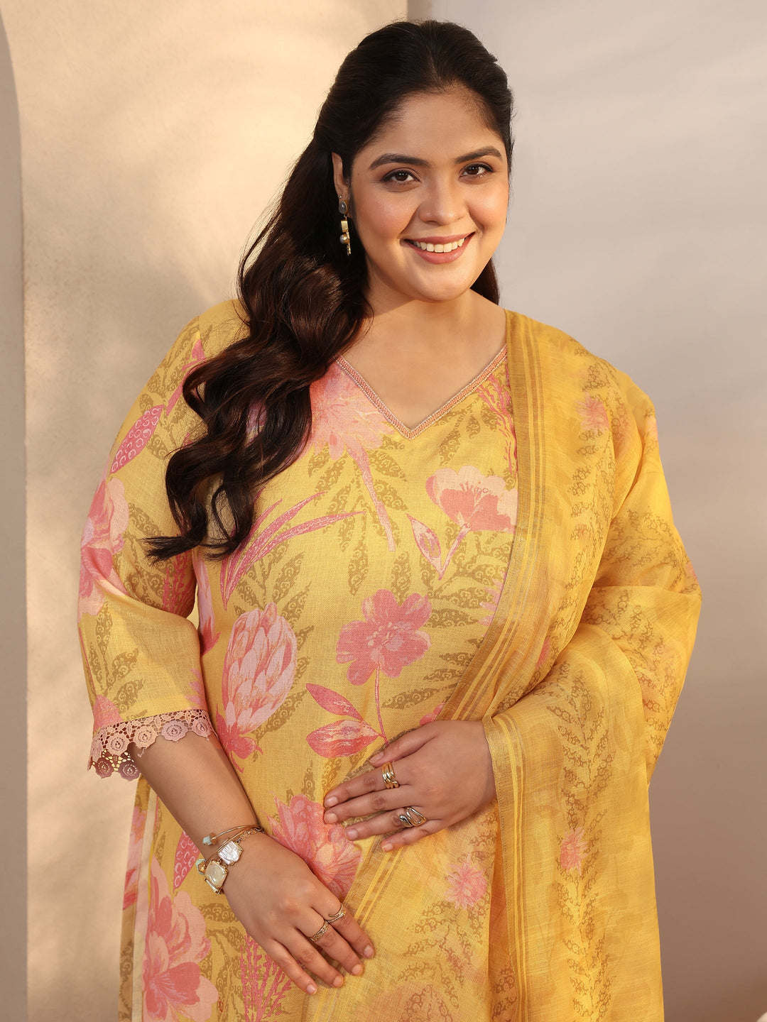 Plus Size Mustard Printed Linen Straight Suit Set With Dupatta
