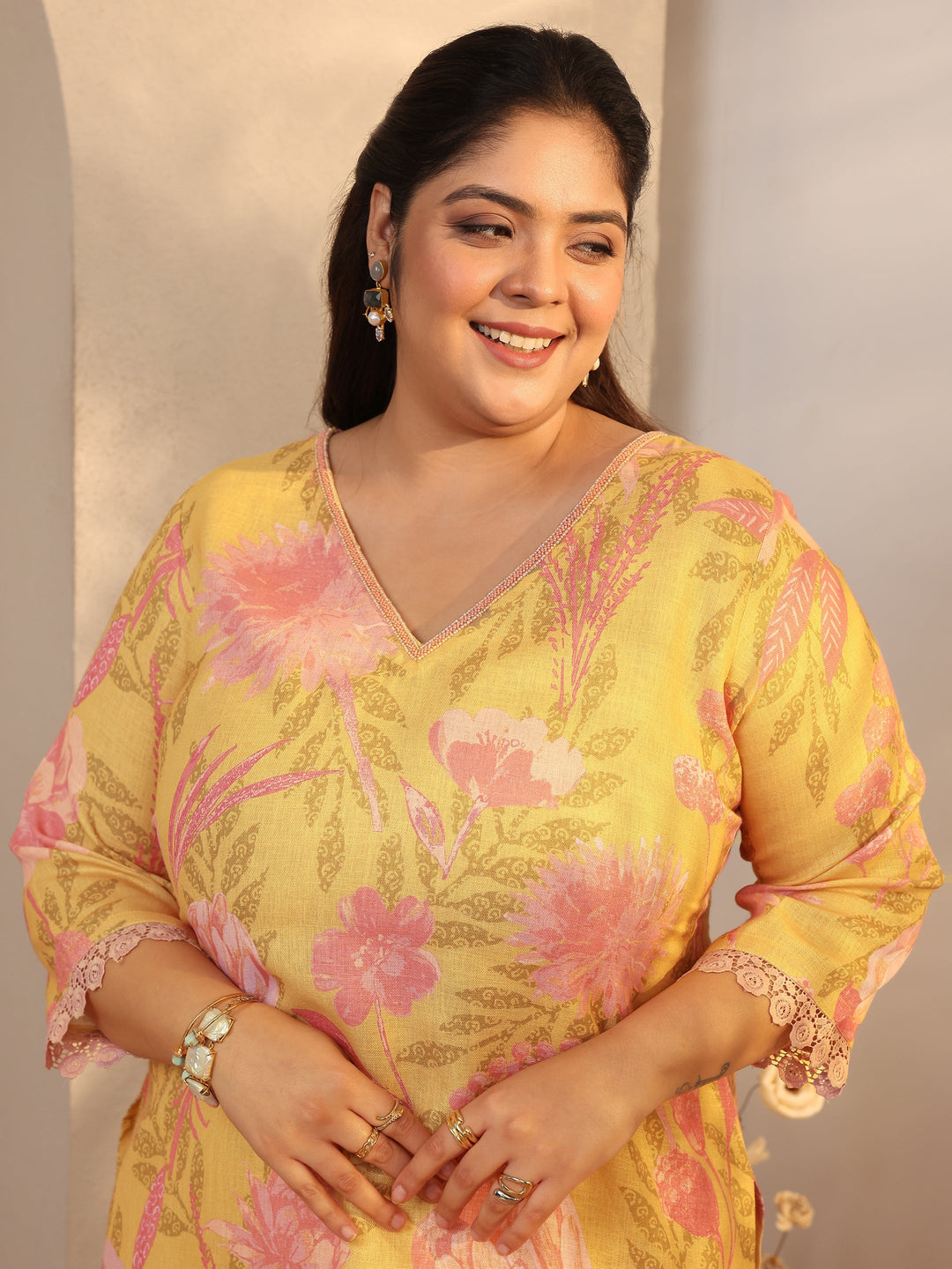 Plus Size Mustard Printed Linen Straight Suit Set With Dupatta
