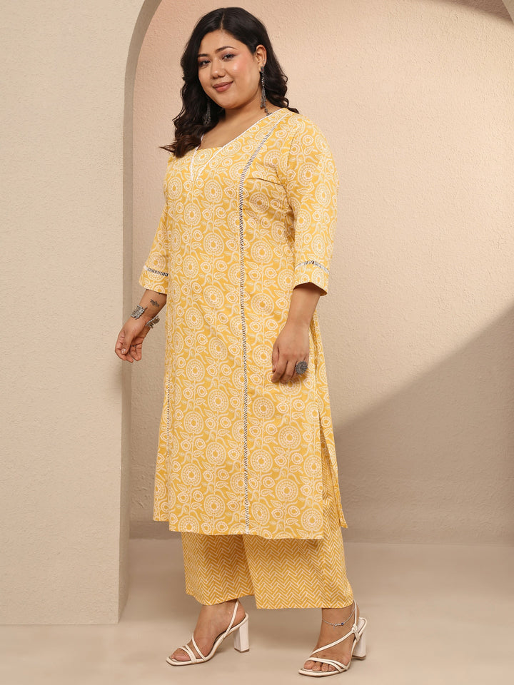 Plus Size Yellow Printed Cotton Straight Suit Set With Dupatta