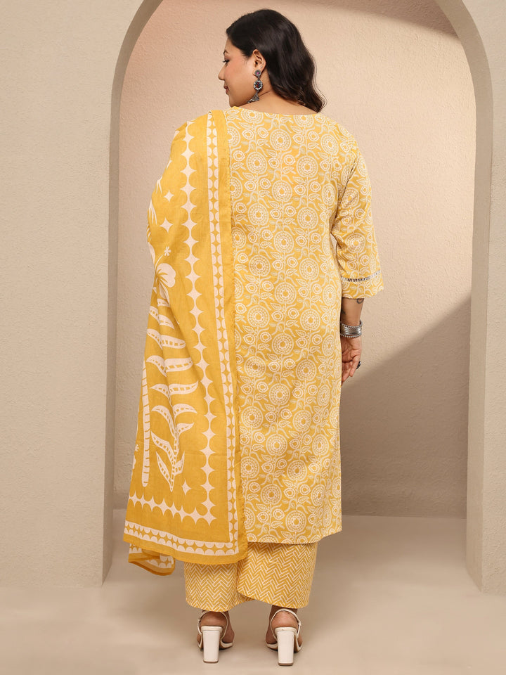 Plus Size Yellow Printed Cotton Straight Suit Set With Dupatta