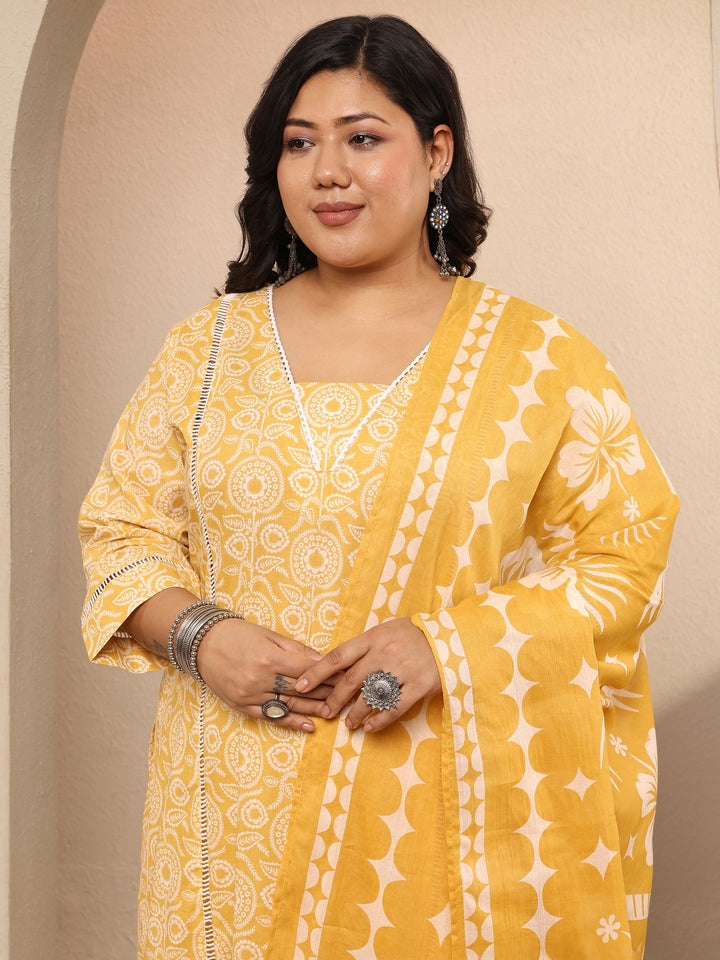 Plus Size Yellow Printed Cotton Straight Suit Set With Dupatta