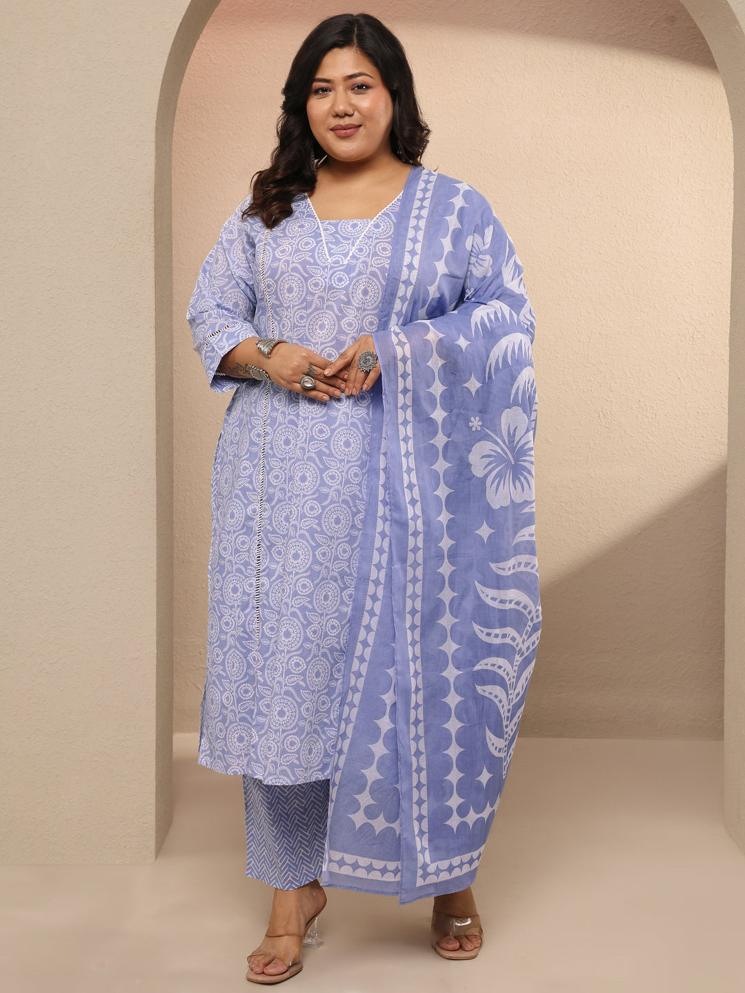 Plus Size Lavender Printed Cotton Straight Suit Set With Dupatta