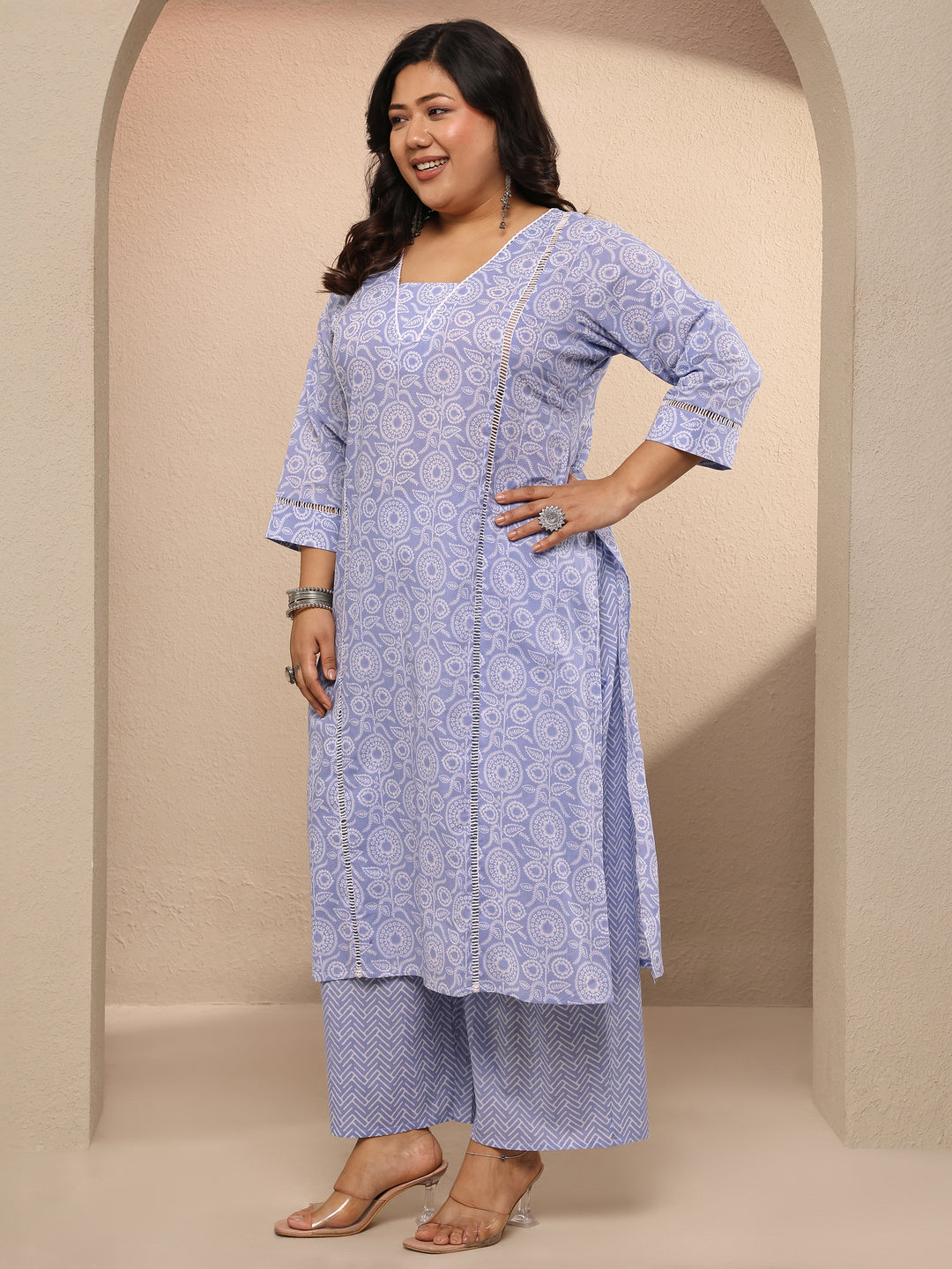 Plus Size Lavender Printed Cotton Straight Suit Set With Dupatta