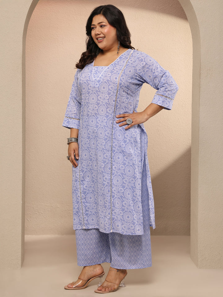 Plus Size Lavender Printed Cotton Straight Suit Set With Dupatta
