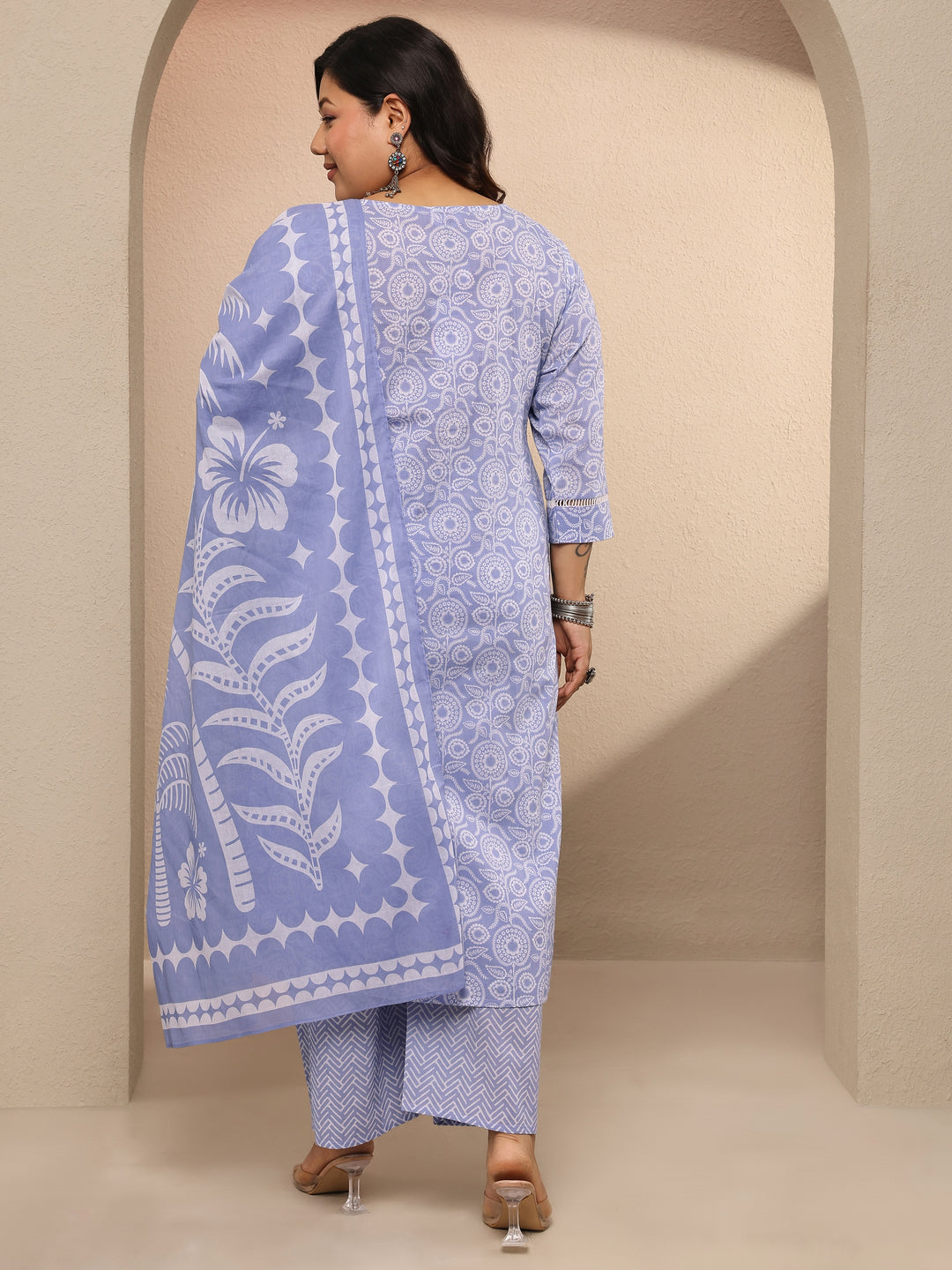 Plus Size Lavender Printed Cotton Straight Suit Set With Dupatta