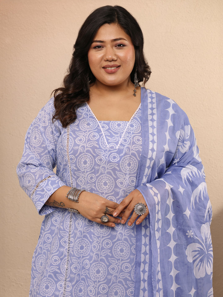 Plus Size Lavender Printed Cotton Straight Suit Set With Dupatta