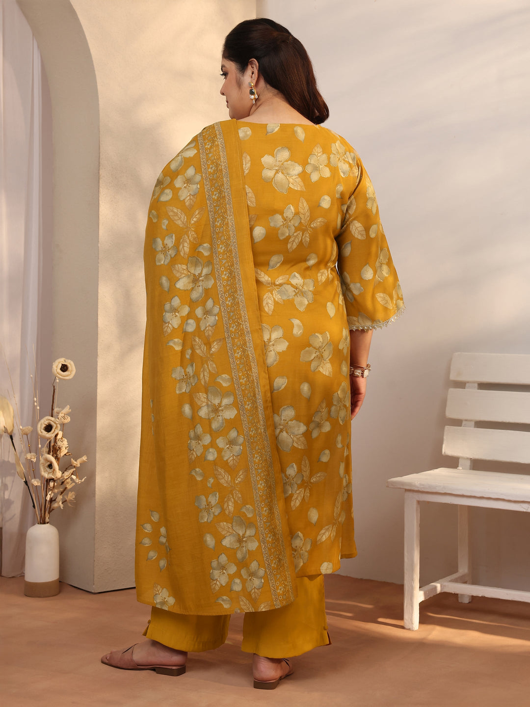 Plus Size Mustard Printed Silk blend Straight Suit Set With Dupatta