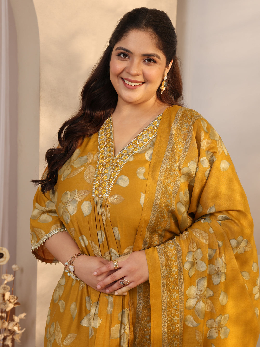 Plus Size Mustard Printed Silk blend Straight Suit Set With Dupatta